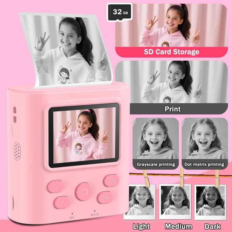 zicor Kids Camera Instant Print for 3-12 Year Olds, HD Digital Instant Print Camera for Boys & Girls, Ideal Christmas Birthday Gift with 32GB SD Card, Easy to Use - Pink - Image 5